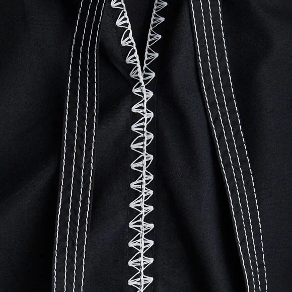 H&M NWT Black Embroidered Blouse Puff Sleeve Contrast Stitch Boho Statement Top - Picture 2 of 12